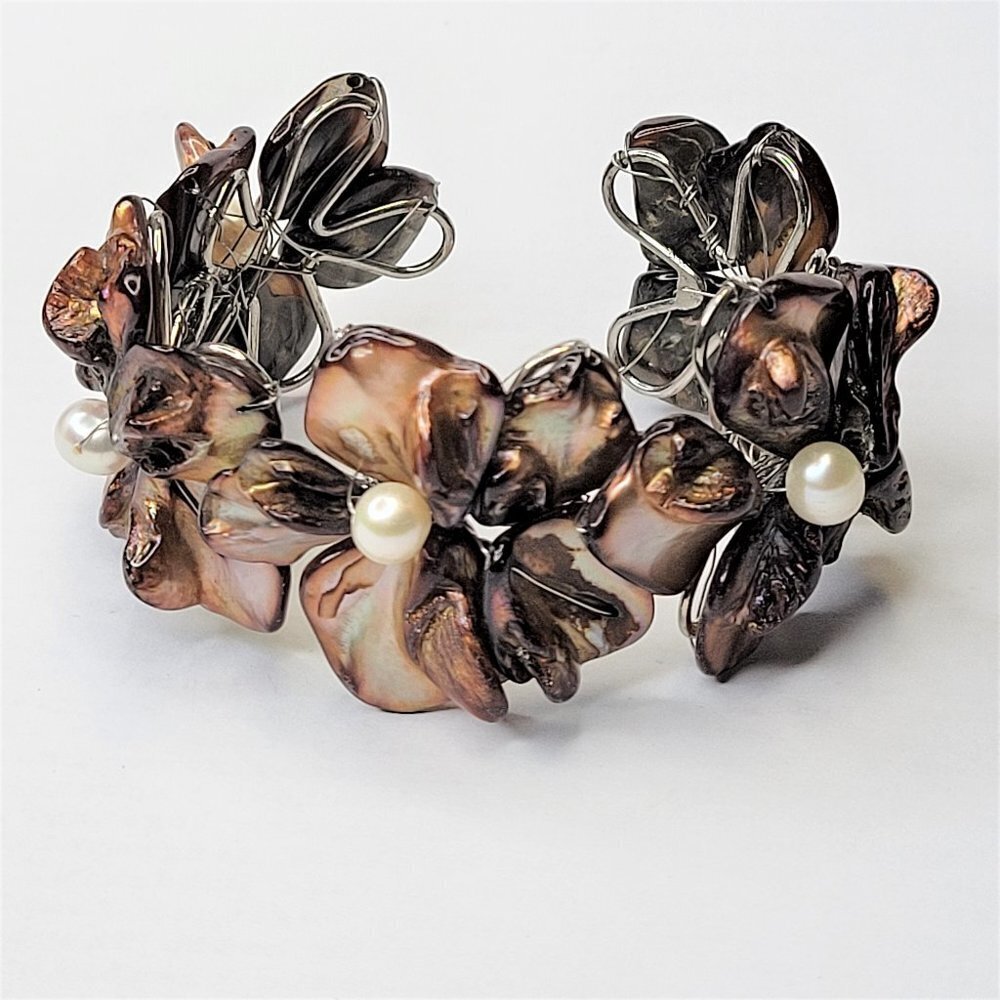 Dark Brown Cuff Bracelet with Pearls and Dyed Mother Of Pearl Shell Bangle -NEW